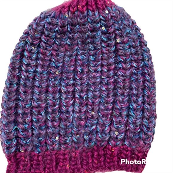 Girls Ruum Brand Knit Hat Size 5-7 Years Blue, Purple and Pink with‎ Sequins - Picture 2 of 5